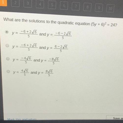What are the solutions to the quadratic equation (5y+6)2=24?
