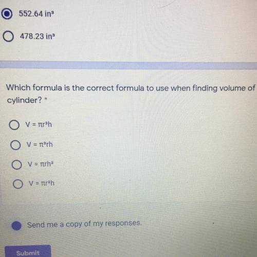 Which formula is the correct formula to use when finding volume of a cylinder?