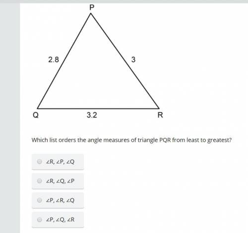 Which list orders the angle measures of triangle PQR from least to greatest?