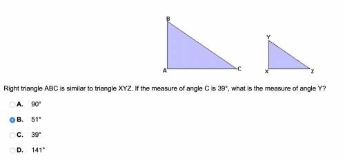 Right triangle ABC is similar to triangle XYZ. If the measure of angle C is 39°, what is the measure