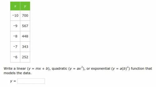 Write a linear (y=mx+b), quadratic (y=ax²), or exponential (y=a(b)×) function that models the data.