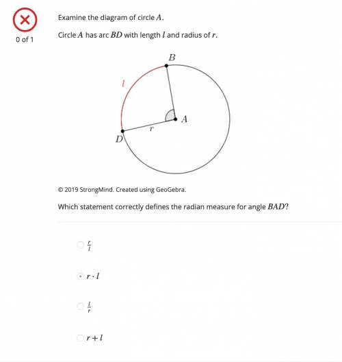 3 Please help. Which statement correctly defines the radian measure for angle BAD?