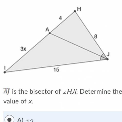 AJ is the bisector of ∠HJI. Determine the value of x. Question 2 options: A)  12  B)  10  C)  2.5  D