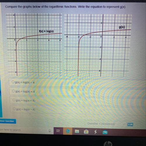 Compare the graphs below of the logarithmic functions. Write the equation to represent g(x)