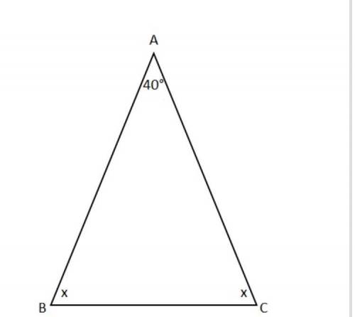 ABC is an isoscles triangle. Angle A = 40°. Find measure of Angle B. 40 70 75 180