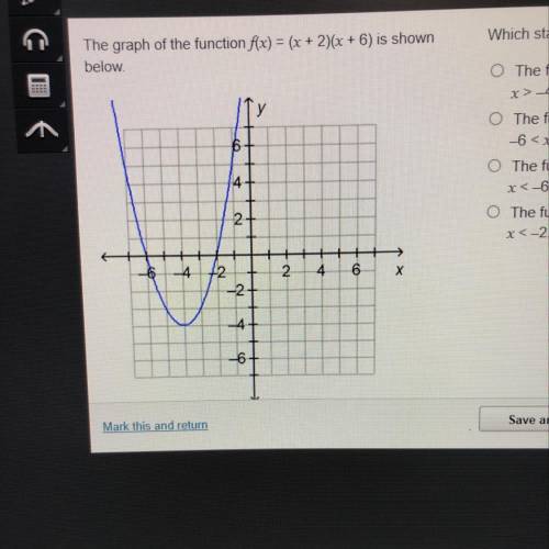 Which statement about the function is true? The graph of the function f(x) = (x + 2)(x+6) is shown b