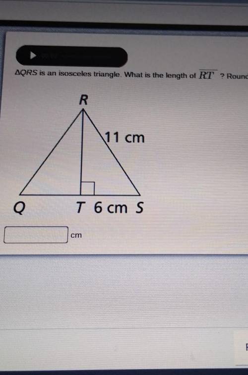 ΔQRS is an isosceles triangle. What is the length of RT¯¯¯¯¯¯ ? Round to the nearest hundredth. Ente