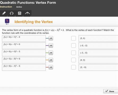 The vertex of a quadratic function f(x)=a(x-h)2+k. What is the vertex of each function? Match the fu