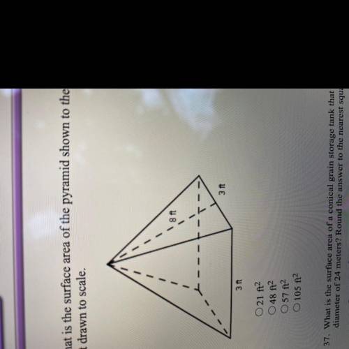 What is the surface area of the pyramid shown to the nearest whole number? The diagram is not drawn