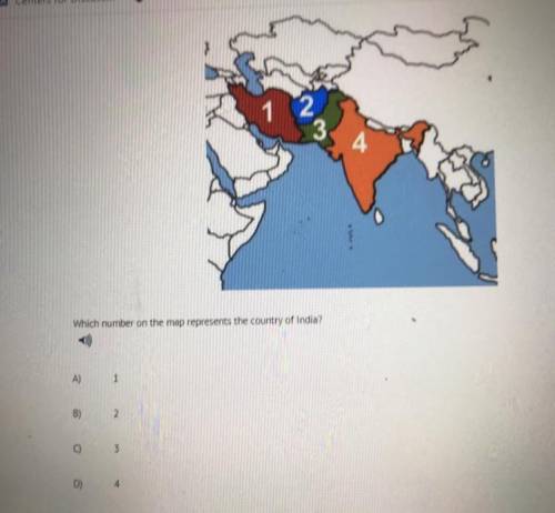 Highlige 00:10:15 HTools Which number on the map represents the country of India? - A) 1 B) 2 3 D) 4