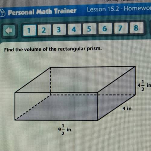 Find the volume of the rectangular prism. IN in. 4 in. 9-in. 2 I