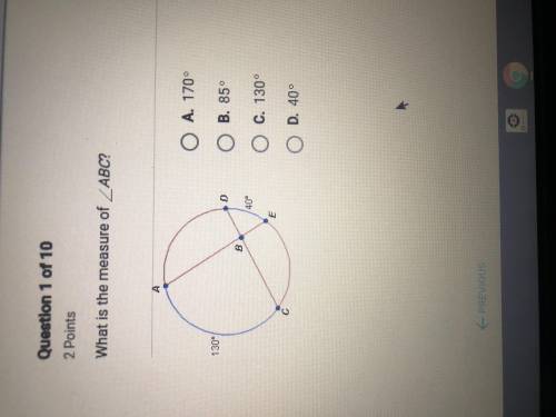What is the measure of angle abc if arc ac is 130 and arc de is 40