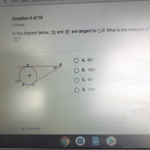 In the diagram below, AB and BC are tangent to Oo. What is the measure of AO?