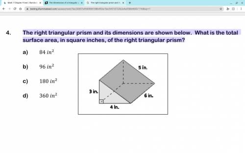 The right triangular prism and its dimensions are shown below. What is the total surface area, in sq
