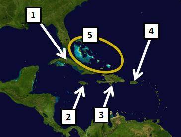 Analyze the map below and answer the question that follows.A satellite map of the Caribbean. Areas o