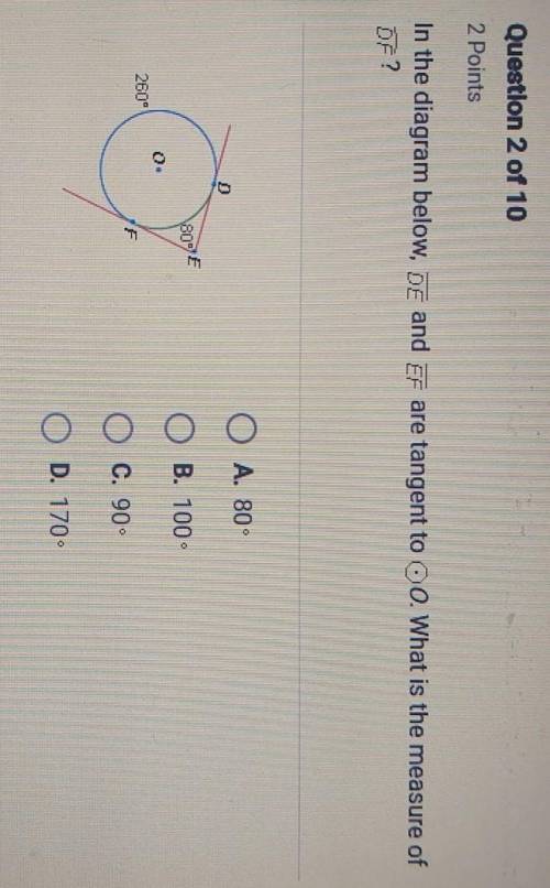 In the diagram below DE and EF are tangent to O what is the measure of DF