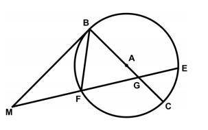 In the diagram shown of circle A, tangent MB is drawn along with chords BAC and BF. Secant MFE inter