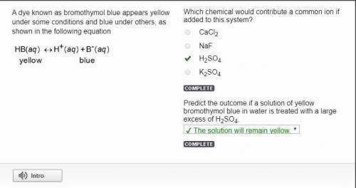 A dye known as bromothymol blue appears yellow under some conditions and blue under others, as shown
