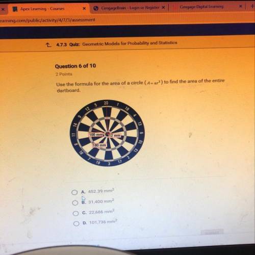 Use the formula for the area of a circle (A=pir2). to find the area of the entire dartboard.