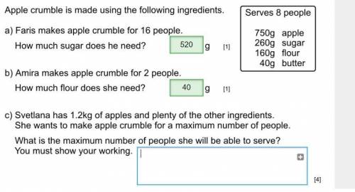 Svetlana has 1.2kg of apples and plenty of the other ingredients. She wants to make apple crumble fo