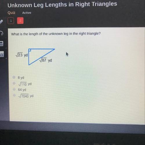 What is the length of the unknown leg in the right triangle 23yd 87yd