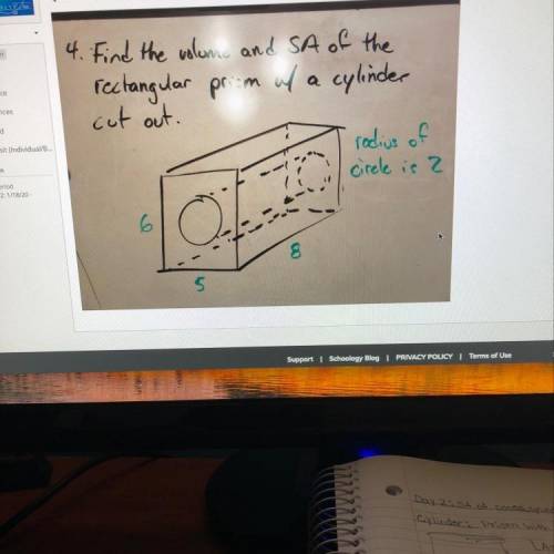 Find the volume and SA of the rectangular prism with a cylinder cut out. Geometry