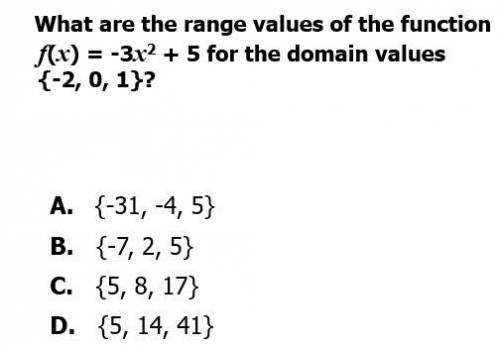 What are the range values of the function f(x) = 3x2squared + 5 for the domain values {-2, 0, 1}?