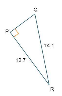 Triangle P Q R is shown. Angle Q P R is a right angle. The length of hypotenuse Q R is 14.1 and the