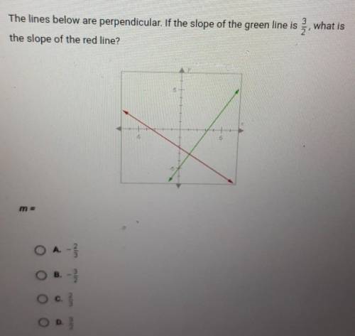The lines below are perpendicular. If the slope of the green line is 3/2what is the slope of the red