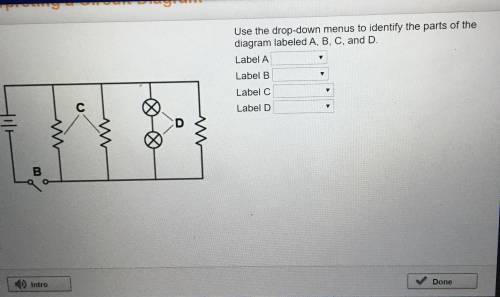 Use the drop-down menus to identify the parts of the diagram labeled A, B, C, and D.  Label A Label