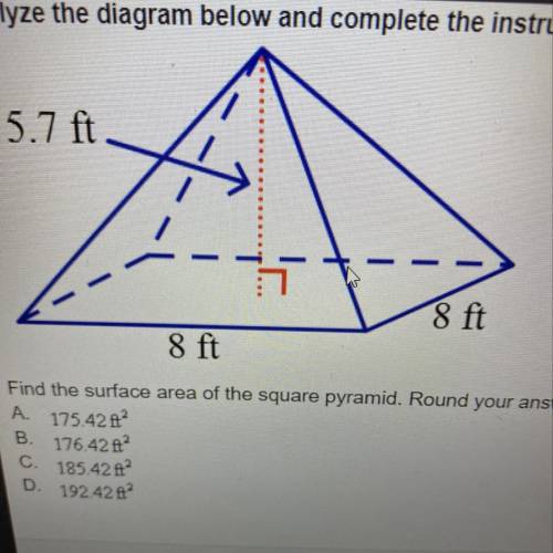 Find the surface area of the square pyramid. Round your answer to the nearest hundredth. A. 175.42