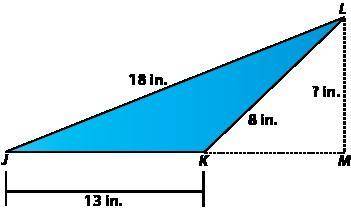 The triangle shown has an area of 45.5 square inches. Find the measure of the height (segment LM).