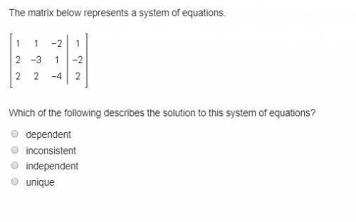 The matrix below represents a system of equations.  Which of the following describes the solution t