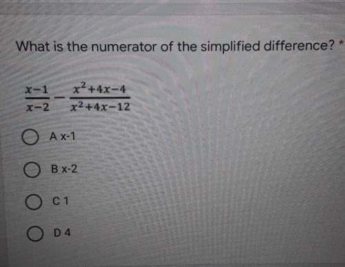 What is the numerator of the simplified difference? x-1/x-2 -x^2+4x-4/x^2+4x-12