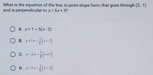What is the equation of the line, in point-slope form, that goes through (2, -1) and is perpendicul