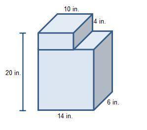 What is the volume of the container below?2 rectangular prisms. A rectangular prism has a length of