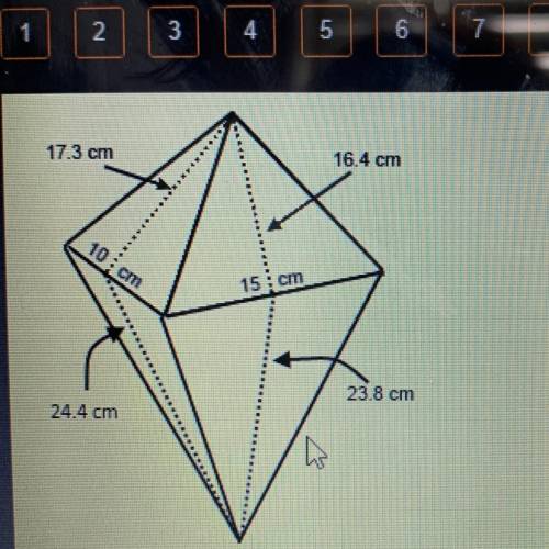 17.3 cm 16.4 cm 15 cm 23.8 cm 24.4 cm What is the surface area of the figure? O 1.020 cm O 1,175 cm