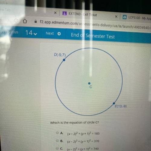 Consider circle c with the diameter DE which is the equation of circle c