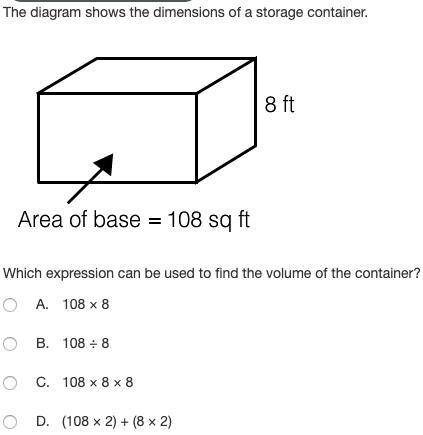 The diagram shows the dimensions of a storage container. Rectangular prism with height as 8 feet an