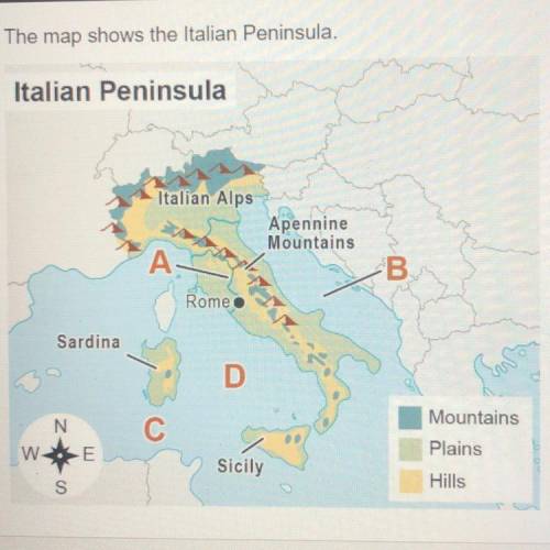 PLZ ANSWER ASAP The map shows the Italian Peninsula. Which letter labels the Tyrrhenian Sea? A B C