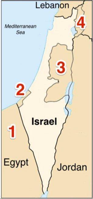 Which number represents the area known as the West Bank?