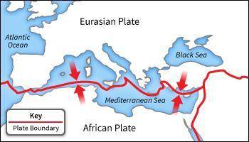 The African plate is moving toward the Eurasian plate at a rate of a few centimeters per year. How