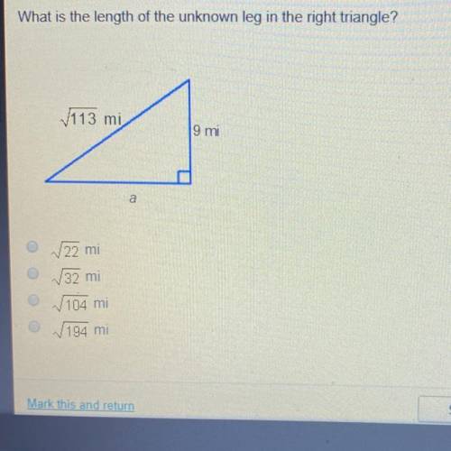 What is the length of the unknown leg in the right triangle? 22 mi 32 mi 104 mi 194 mi