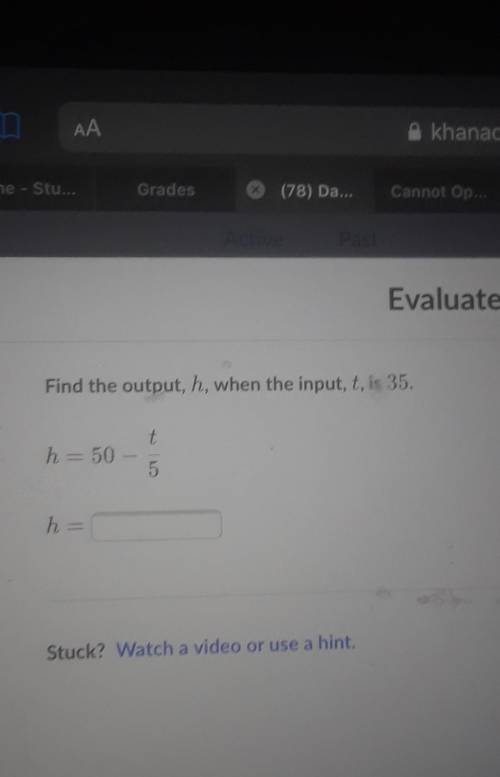 Find the output, h, when the input, t, is 35