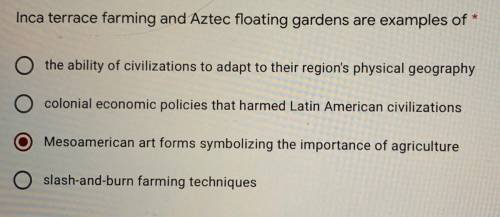 Inca terrace farming and Aztec floating gardens are example of? Is the answer choice 1 (geography)
