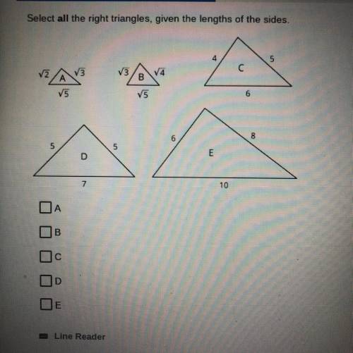 Select ALL the right triangles, given the lengths of the sides.