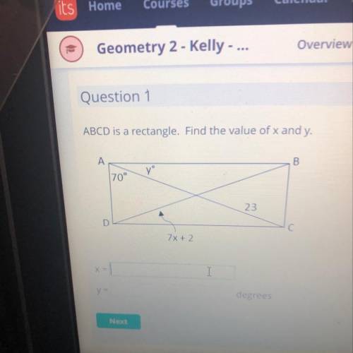 ABCD is a rectangle. Find the value of x and y. y = degrees