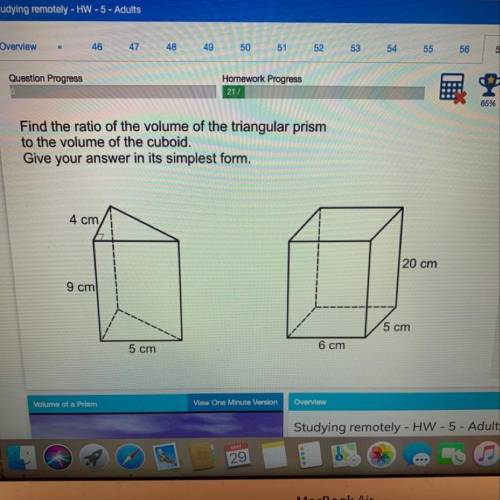 Find the ratio of the volume of the triangular prism to the volume of the cuboid. Give ur answer in