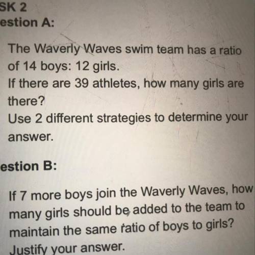 The Waves swim team has a ratio of 14 boy: 12 girls. If there are 39 athletes,How many girls are th