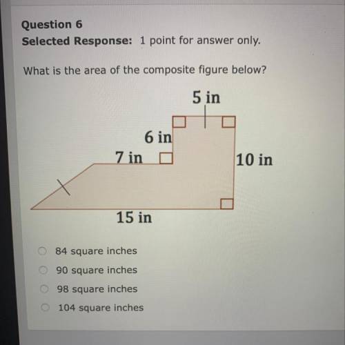 HELP ASAP!! What is the area of the composite figure below? A) 84 square inches B) 90 square inches